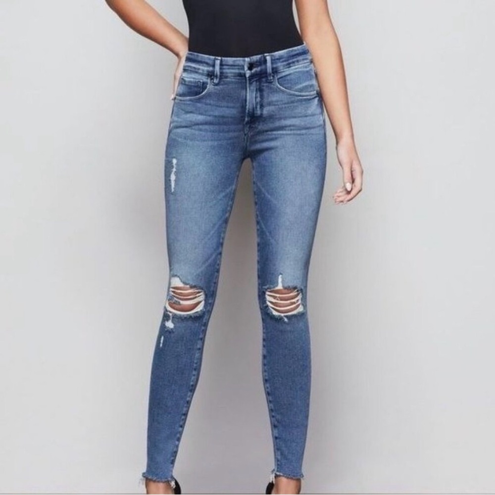 Good American Good Legs Skinny Ankle Fray Ripped Knee Jeans- 27